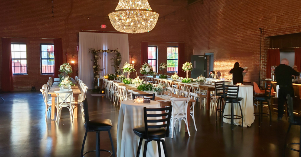 The tables are set for a beautiful wedding at Union Mills Public House.